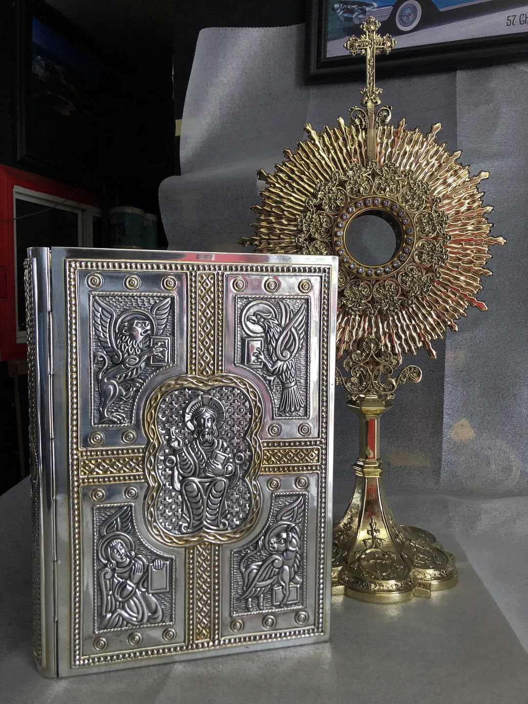 Antique silver box and gold monstrance after polishing and plating