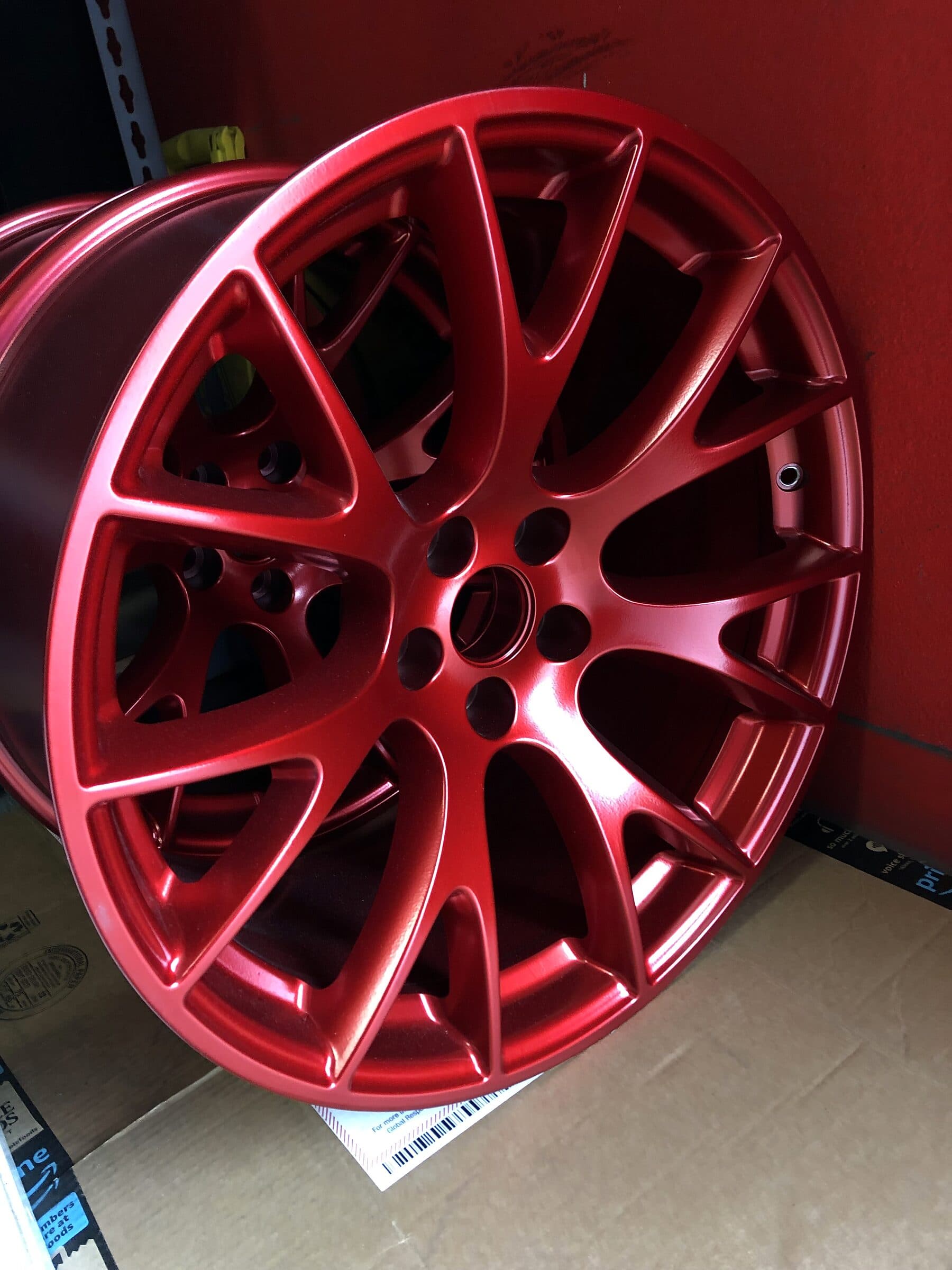 Candy red powder-coated wheel