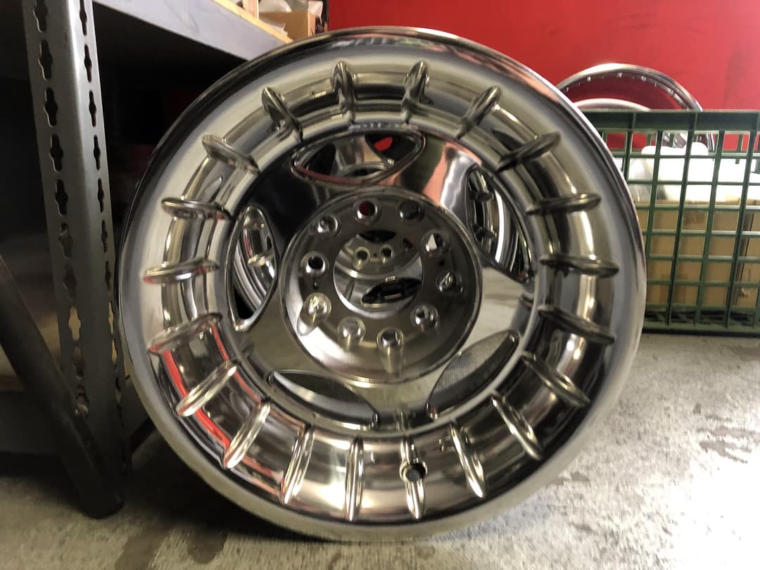 Chrome-plated wheel on the bench