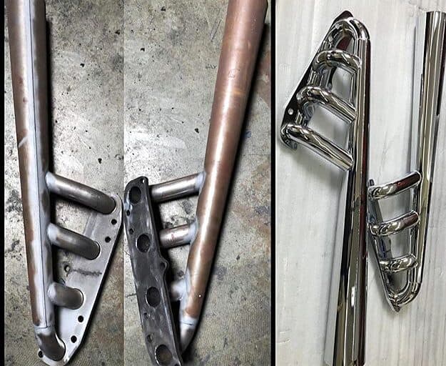 Exhaust headers before and after chrome plating