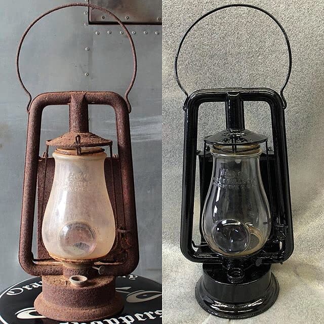 Antique lantern before and after restoration and powder coat