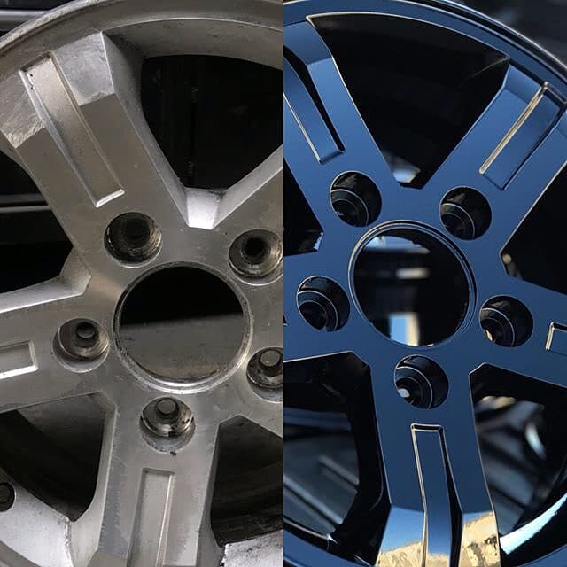 Wheel before and after: silver to blue powder coat